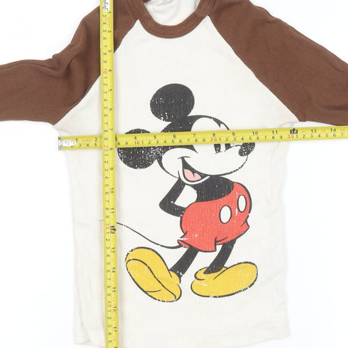 Disney Women Brown Long Sleeve Mickey Mouse Cotton T-Shirt XS