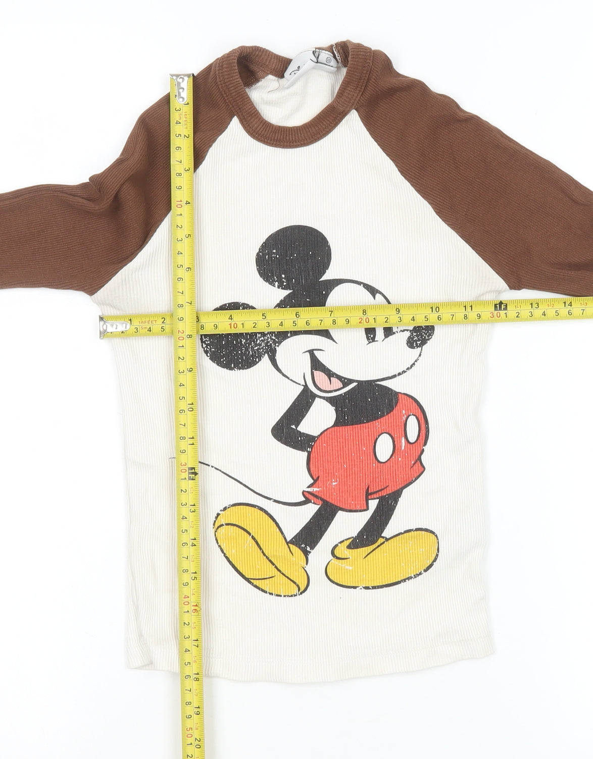 Disney Women Brown Long Sleeve Mickey Mouse Cotton T-Shirt XS