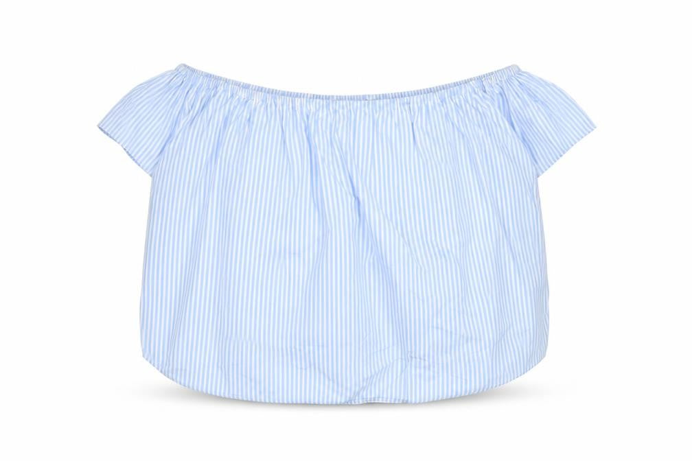 Front view of Zara Women Blue Striped Off Shoulder Blouse XS