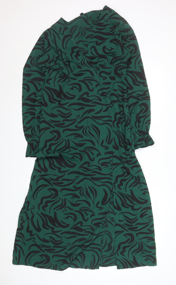 New Look Women Green Animal Print Midi Wrap Dress Size 12