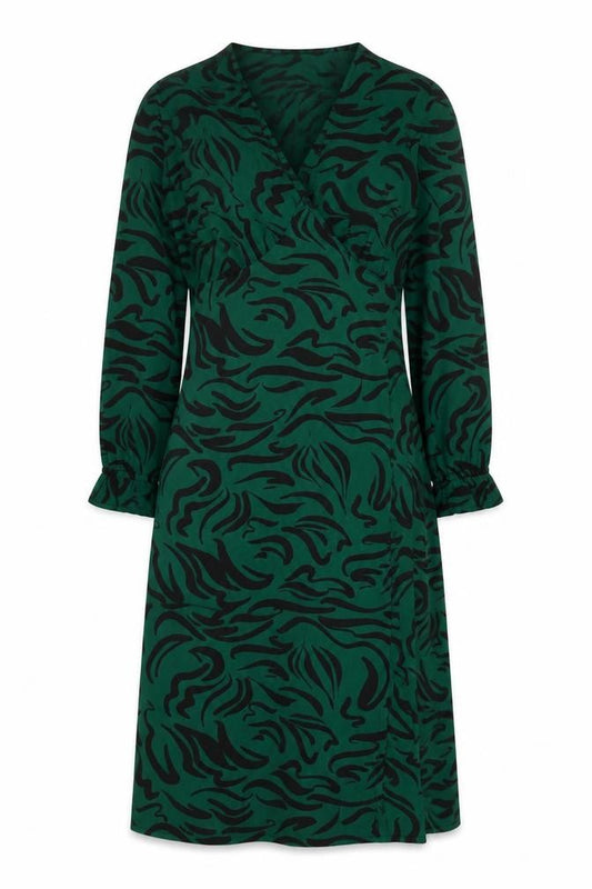 Front view of New Look Women Green Animal Print Midi Wrap Dress, size 12
