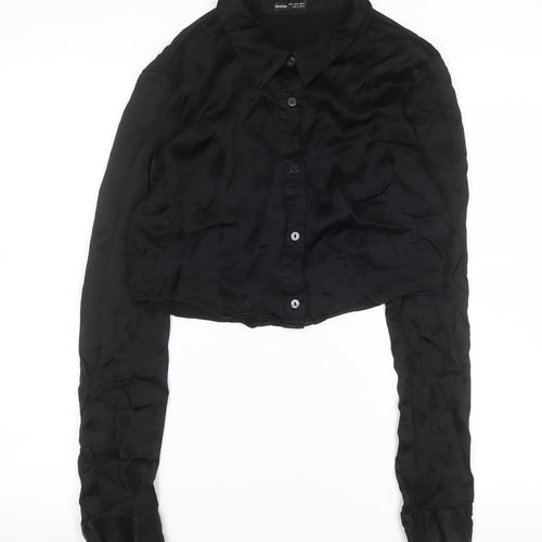 Bershka Women Black Cropped Satin Button-Up Shirt Size L