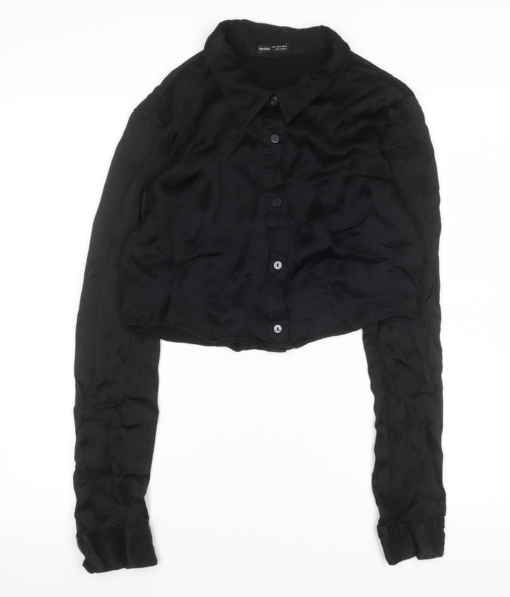 Bershka Women Black Cropped Satin Button-Up Shirt Size L