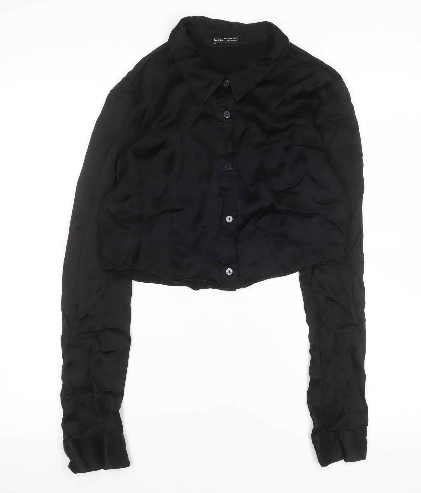 Bershka Women Black Cropped Satin Button-Up Shirt Size L