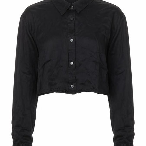 Bershka Women Black Cropped Satin Button-Up Shirt Size L