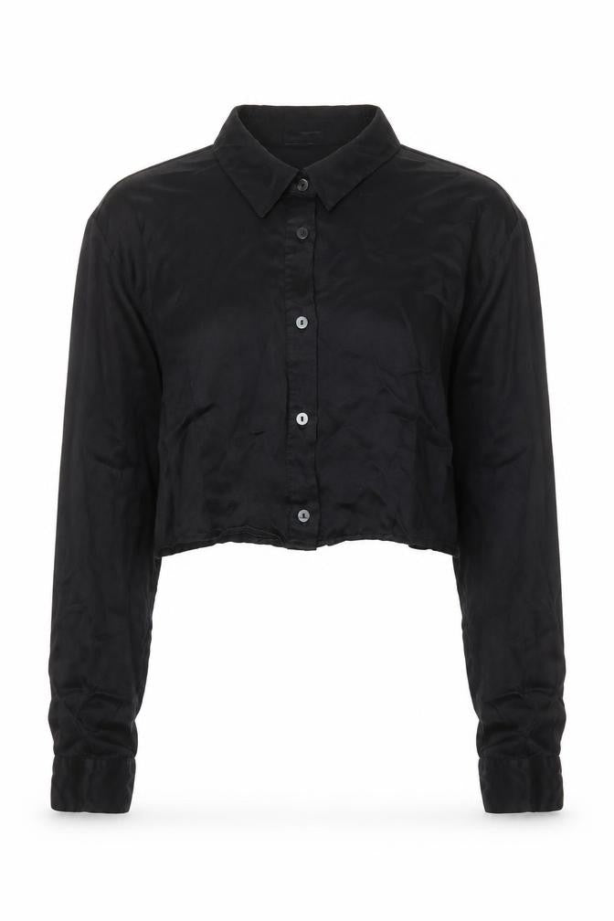 Bershka Women Black Cropped Satin Button-Up Shirt Size L