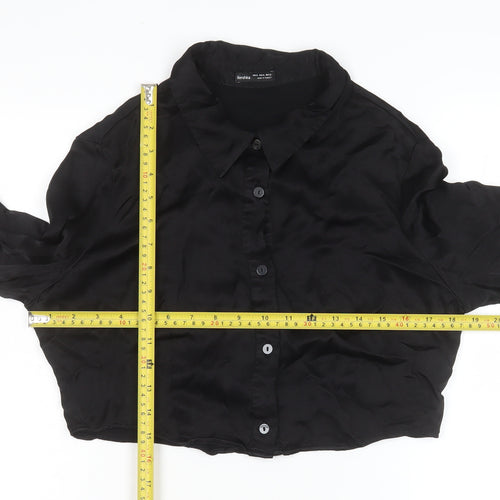 Bershka Women Black Cropped Satin Button-Up Shirt Size L