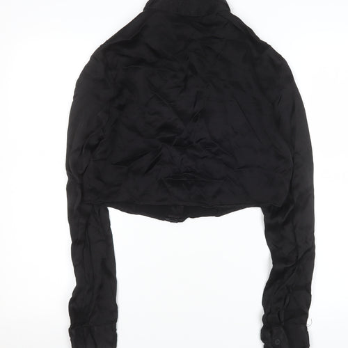 Bershka Women Black Cropped Satin Button-Up Shirt Size L