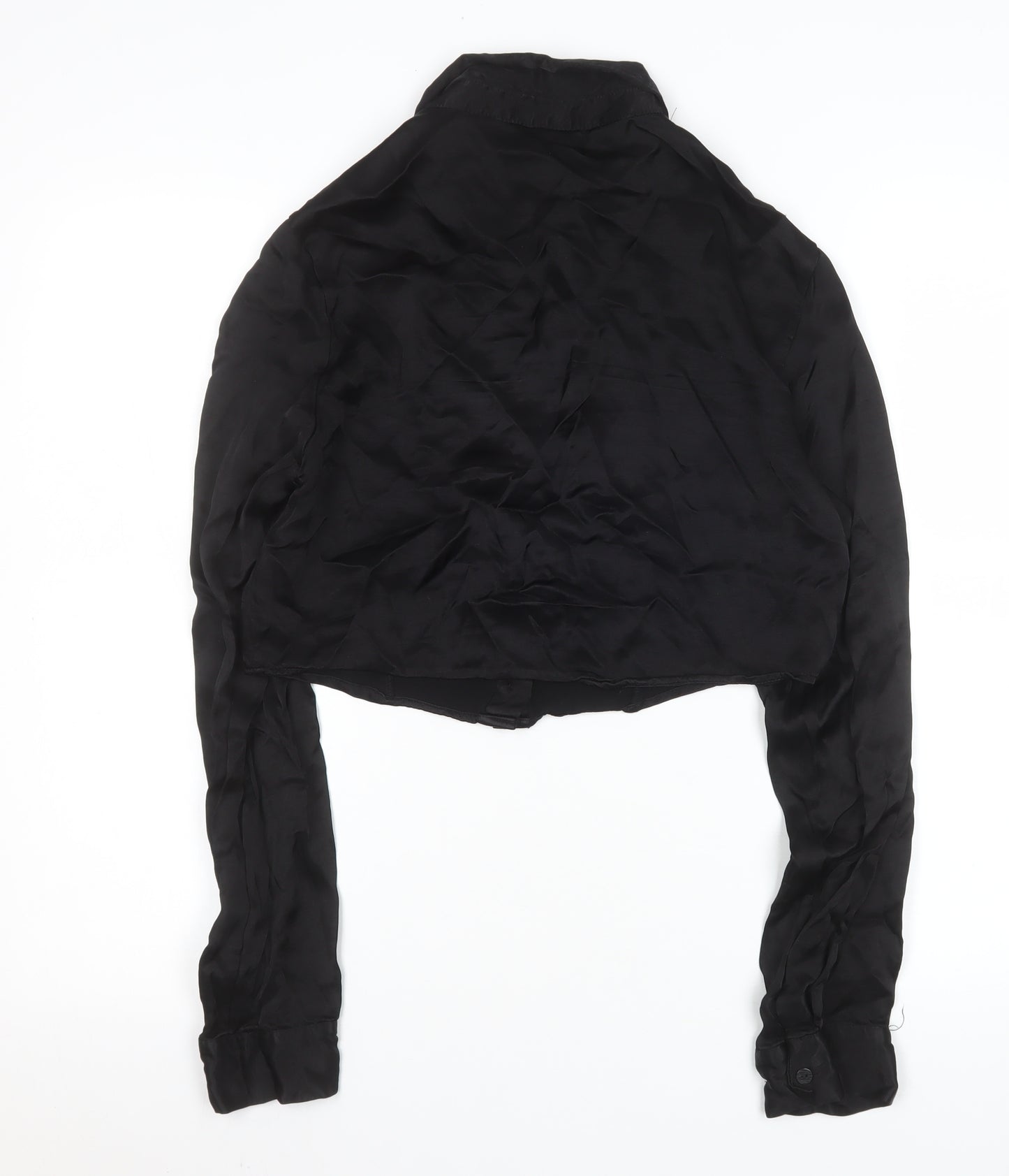 Bershka Women Black Cropped Satin Button-Up Shirt Size L