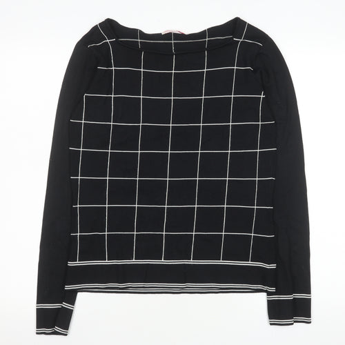 LTS Women Black Check Knit Long Sleeve Boat Neck Top Size 14