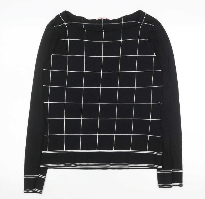 LTS Women Black Check Knit Long Sleeve Boat Neck Top Size 14