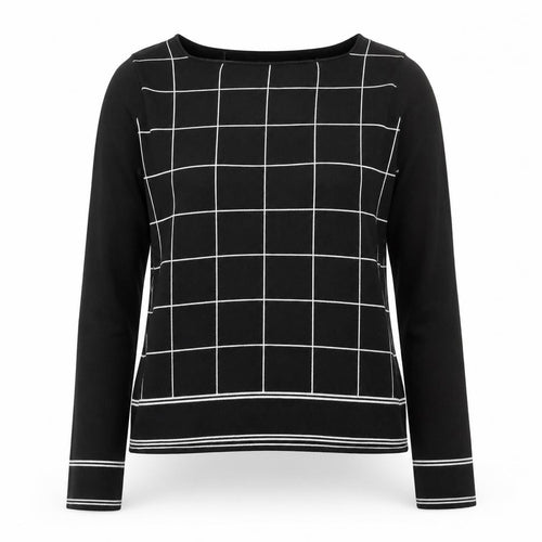 LTS Women Black Check Knit Long Sleeve Boat Neck Top Size 14