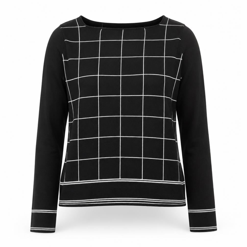 LTS Women Black Check Knit Long Sleeve Boat Neck Top Size 14