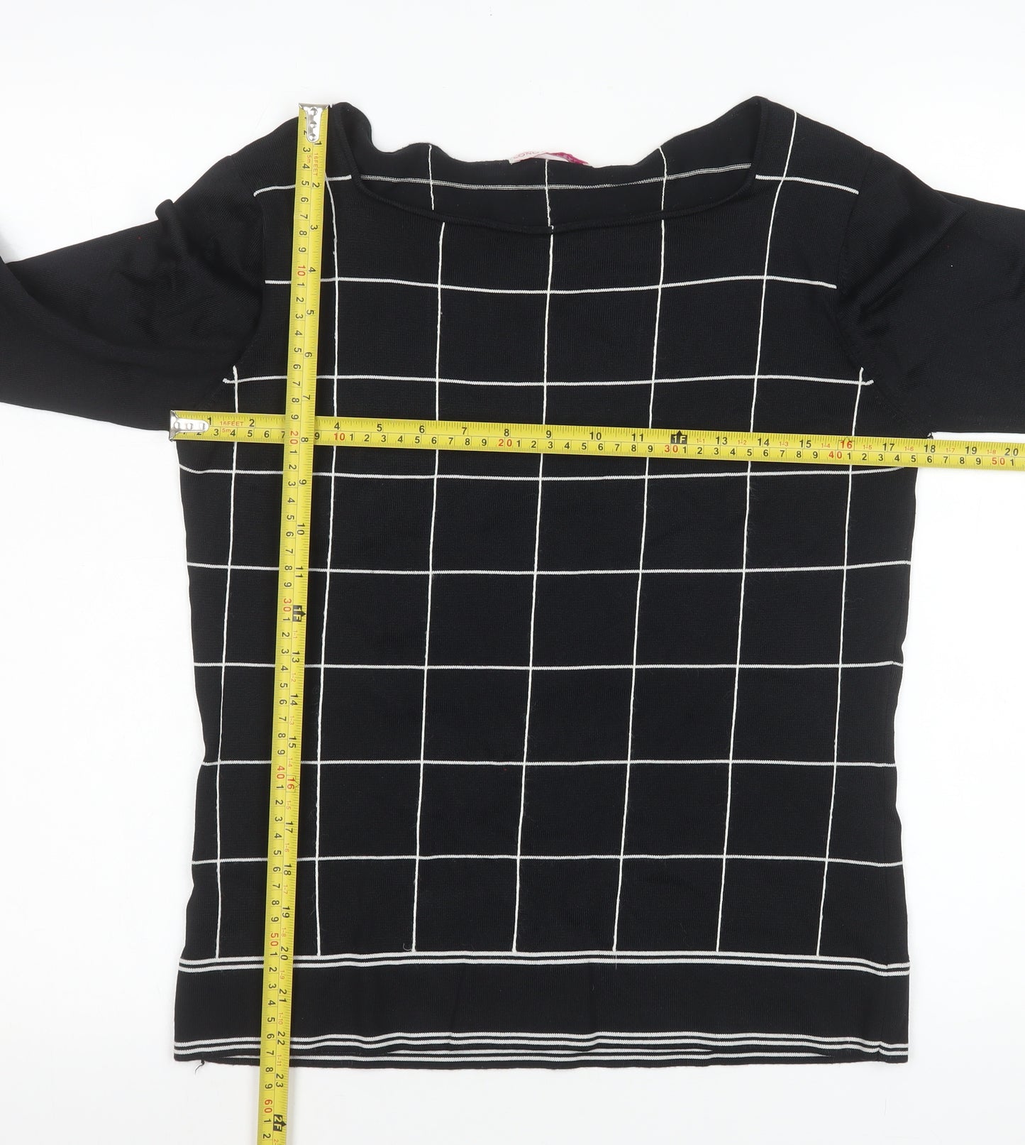 LTS Women Black Check Knit Long Sleeve Boat Neck Top Size 14