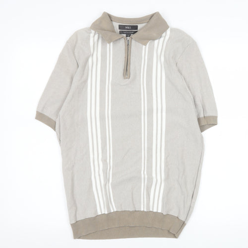 Marks and Spencer Men’s Beige Striped 1/4 Zip Polo Medium Regular Fit