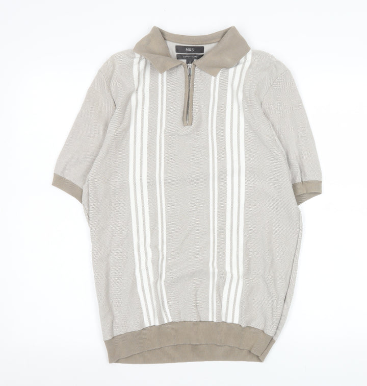 Marks and Spencer Men’s Beige Striped 1/4 Zip Polo Medium Regular Fit