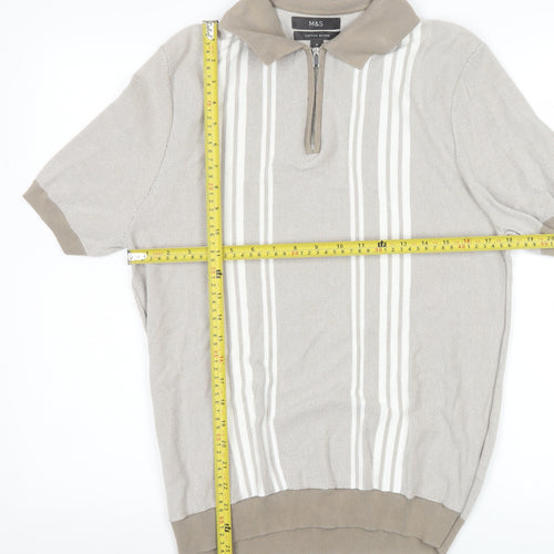 Marks and Spencer Men’s Beige Striped 1/4 Zip Polo Medium Regular Fit