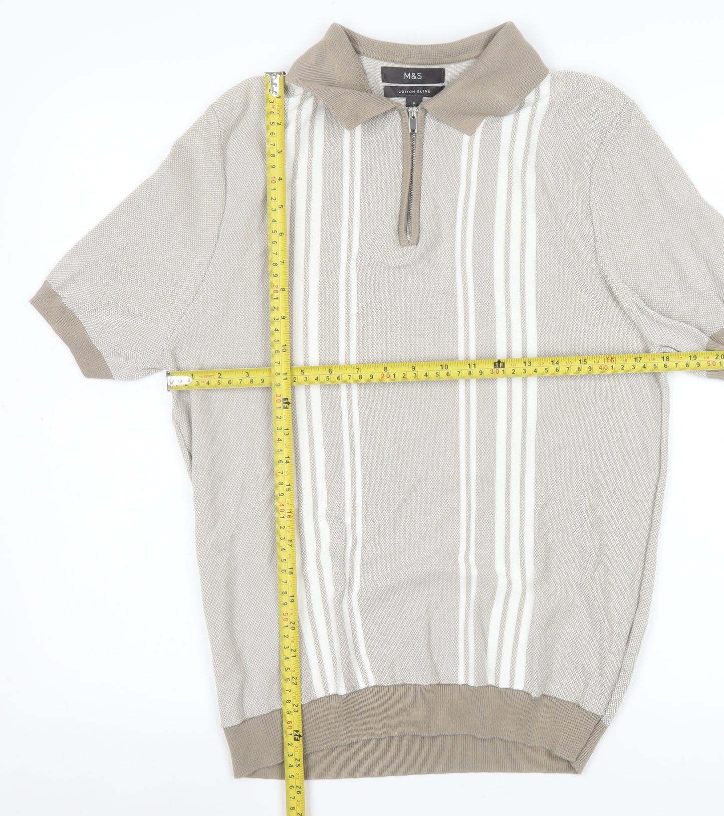 Marks and Spencer Men’s Beige Striped 1/4 Zip Polo Medium Regular Fit
