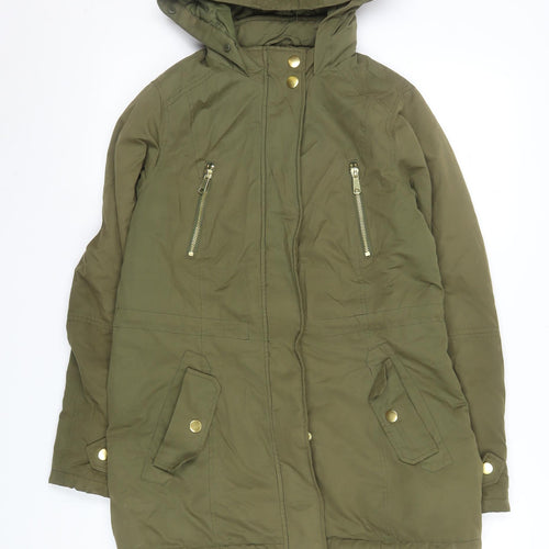 Authentic Women's Green Parka Jacket Size 8 Hooded Mid-Length