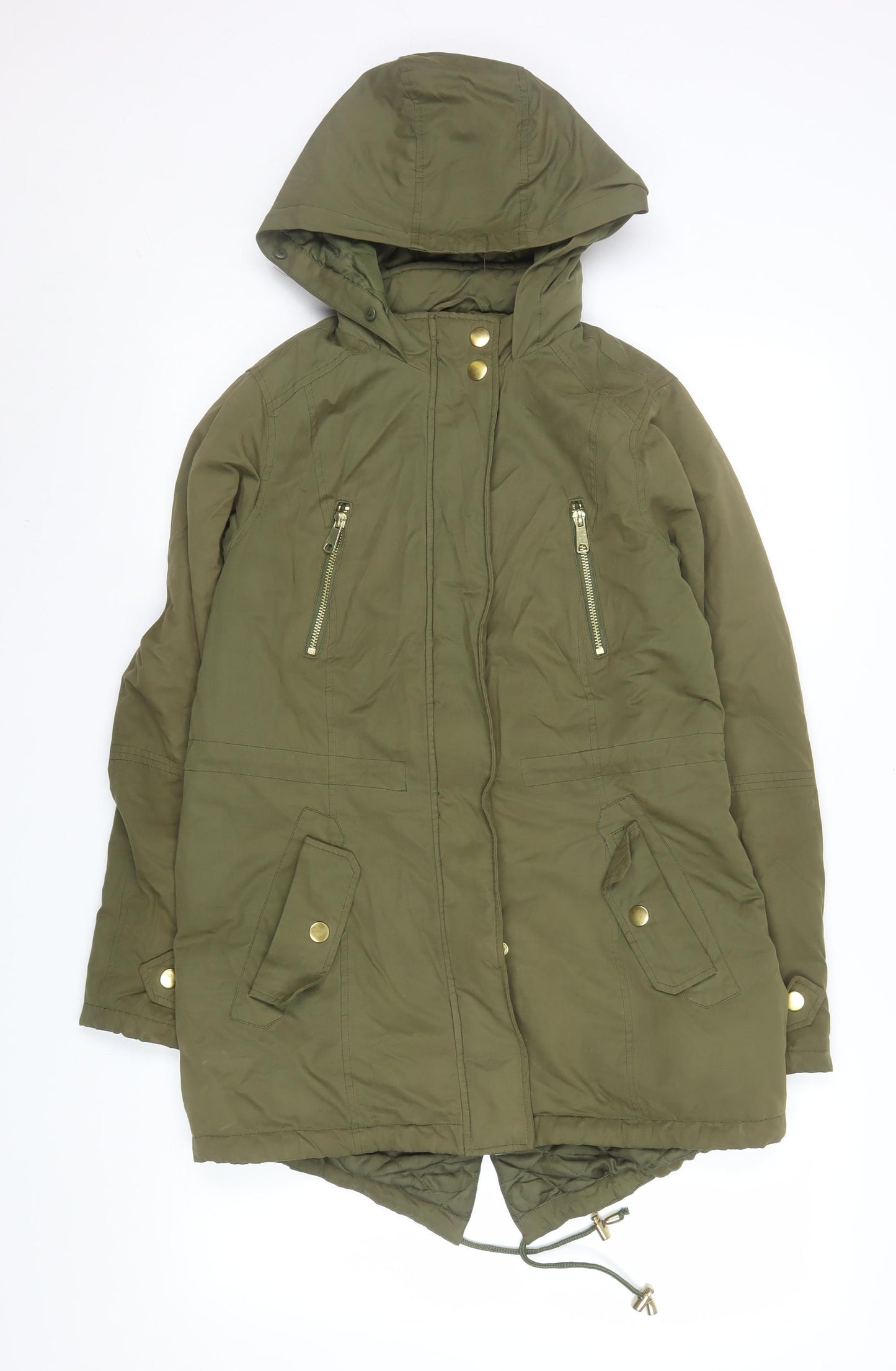 Authentic Women's Green Parka Jacket Size 8 Hooded Mid-Length