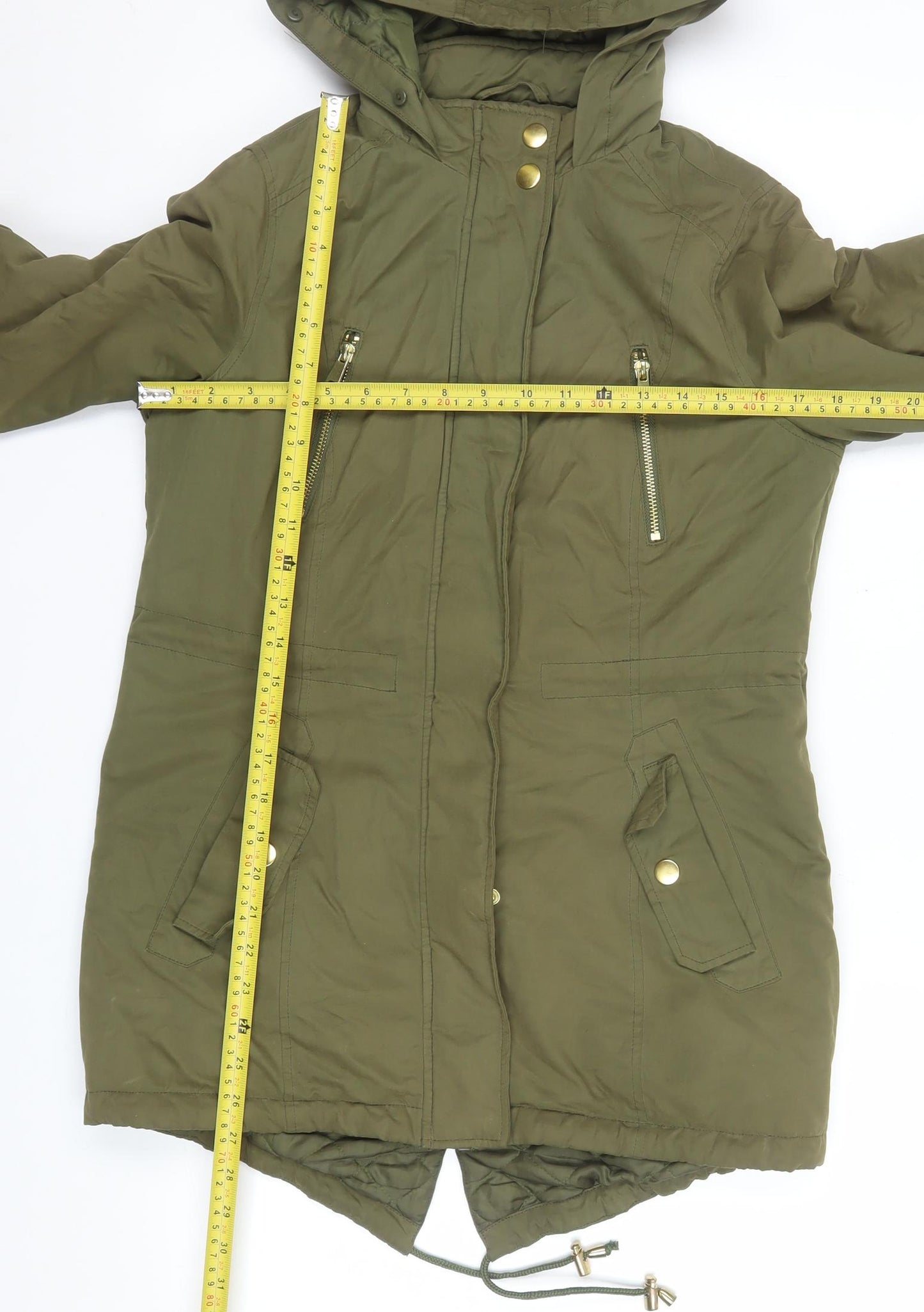 Authentic Women's Green Parka Jacket Size 8 Hooded Mid-Length