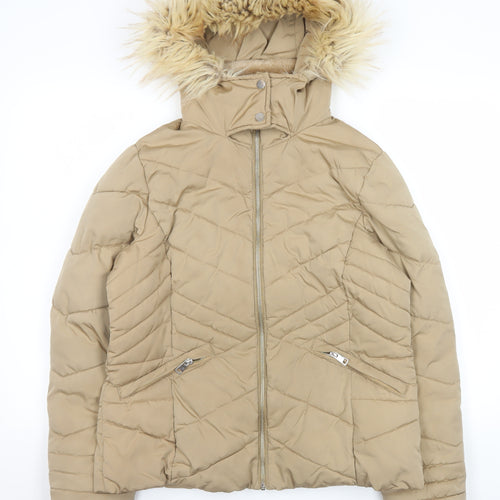 George Women Beige Puffer Jacket Hooded Faux Fur Trim Size M 12-14