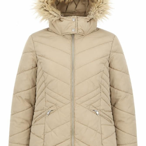 George Women Beige Puffer Jacket Hooded Faux Fur Trim Size M 12-14