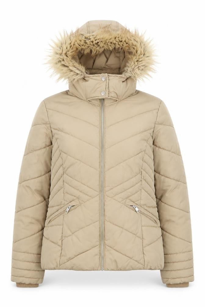 George Women Beige Puffer Jacket Hooded Faux Fur Trim Size M 12-14