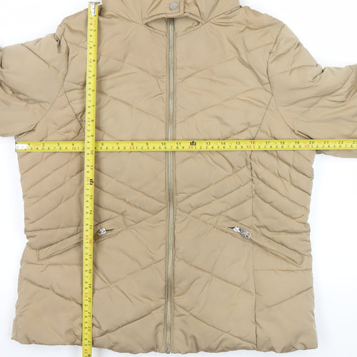 George Women Beige Puffer Jacket Hooded Faux Fur Trim Size M 12-14