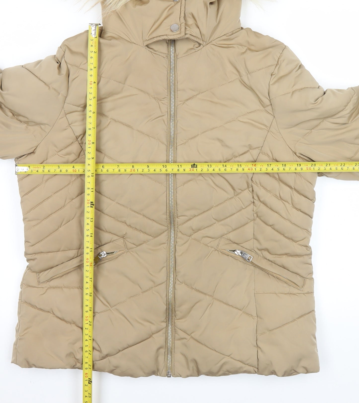 George Women Beige Puffer Jacket Hooded Faux Fur Trim Size M 12-14