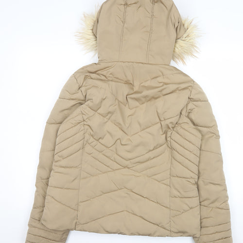 George Women Beige Puffer Jacket Hooded Faux Fur Trim Size M 12-14