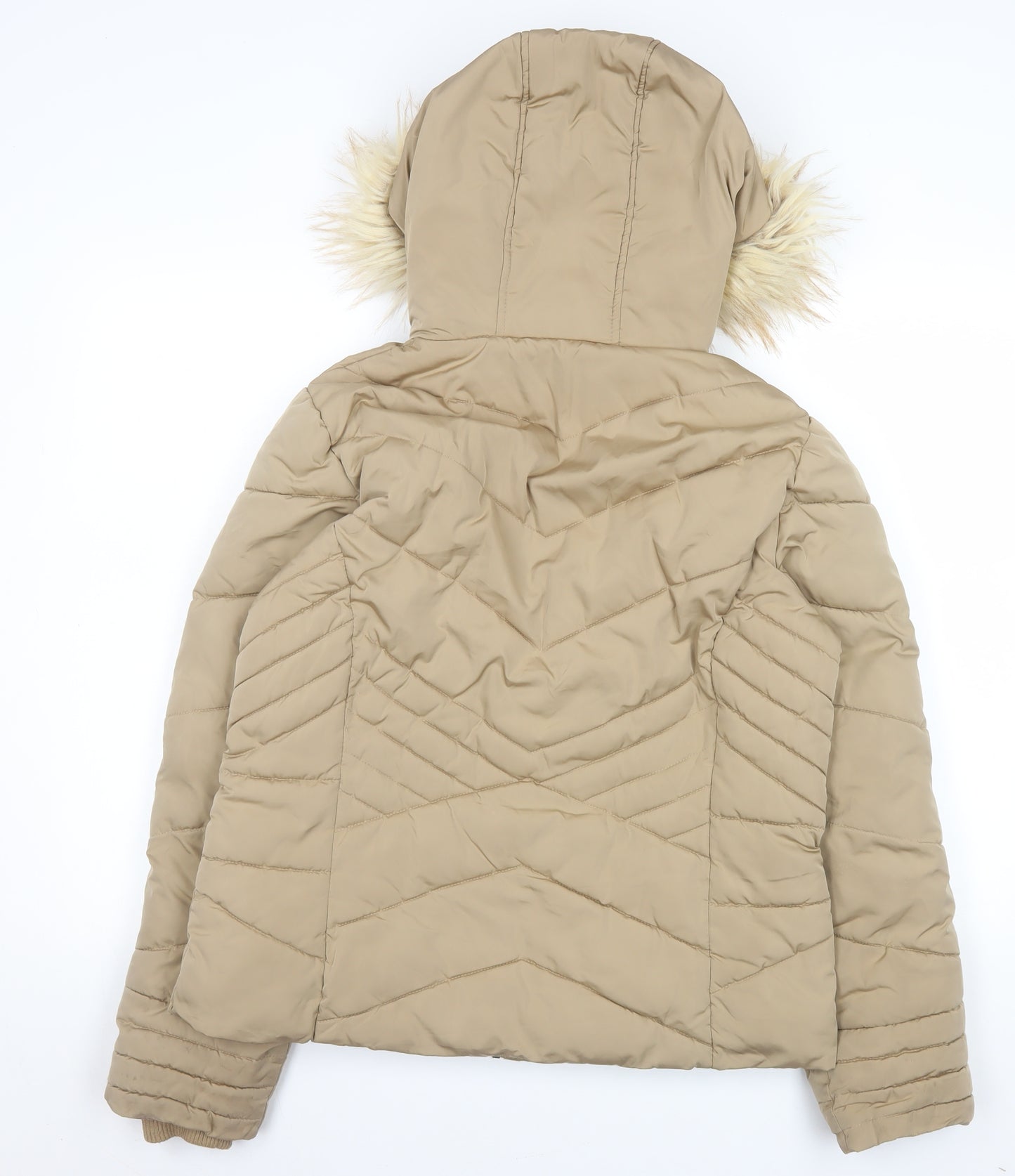 George Women Beige Puffer Jacket Hooded Faux Fur Trim Size M 12-14