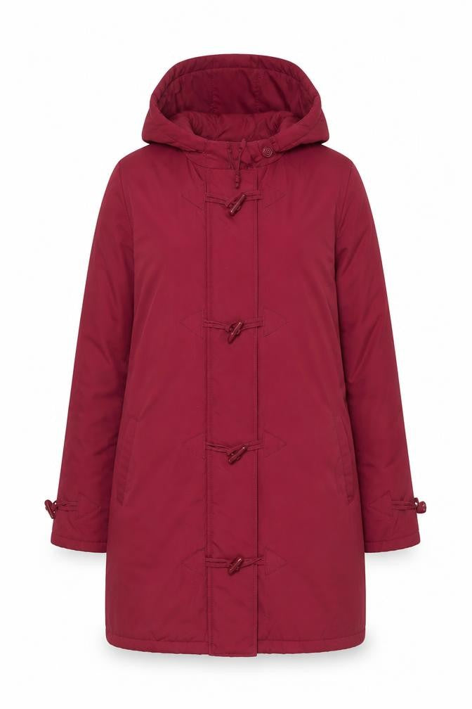 Front view of Being Casual women’s red hooded duffle coat, size UK 12, mid-length