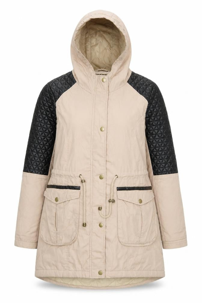 Front view of Outerwear Premium Collection women’s beige parka jacket, size UK 10, hooded lined