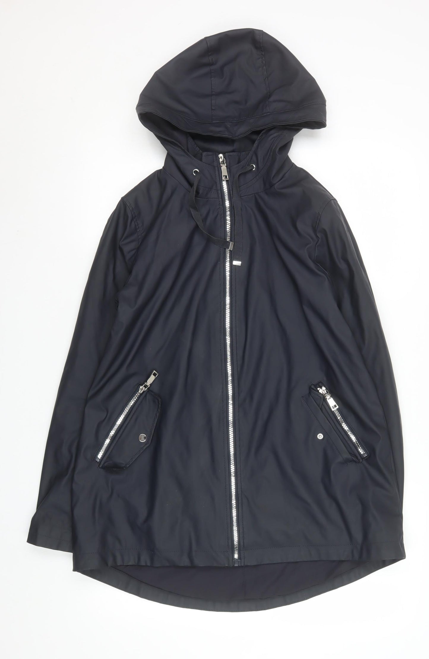 F&F Women’s Black Hooded Waterproof Mid-Length Rain Coat UK 8