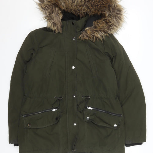 Primark Women's Green Faux Fur Hooded Parka Coat Size S 10/12