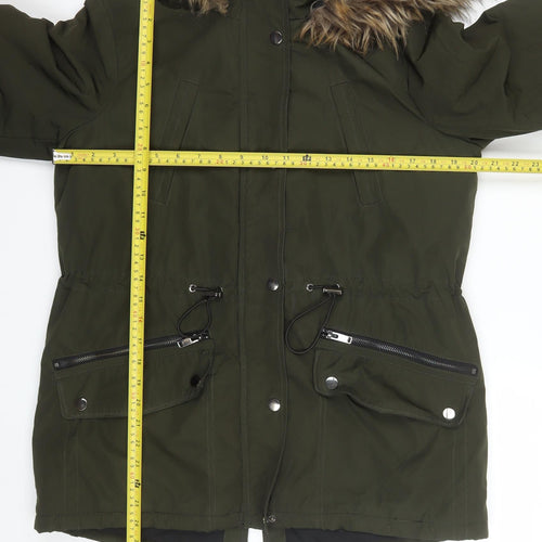 Primark Women's Green Faux Fur Hooded Parka Coat Size S 10/12