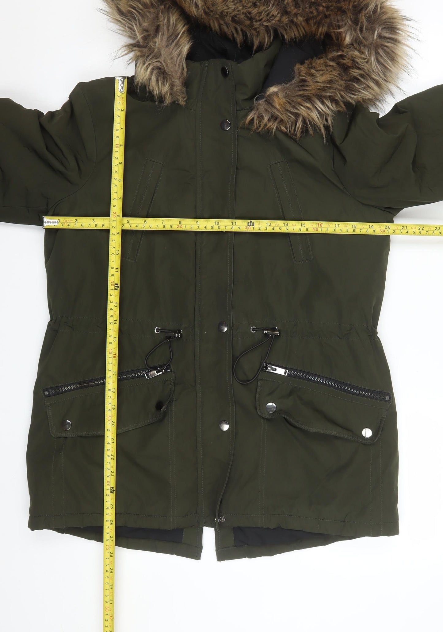 Primark Women's Green Faux Fur Hooded Parka Coat Size S 10/12