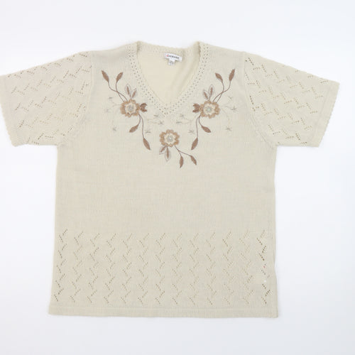 Damart Women’s Beige Short Sleeve V-Neck Embroidered Pullover Jumper Size 14