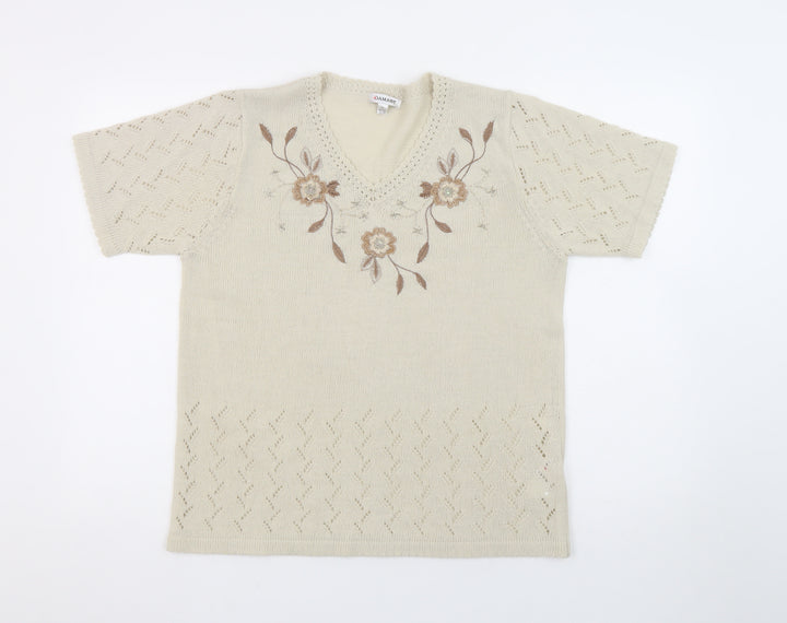 Damart Women’s Beige Short Sleeve V-Neck Embroidered Pullover Jumper Size 14