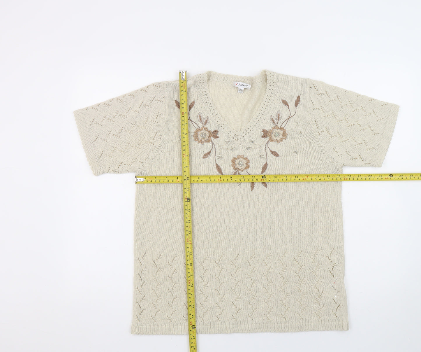 Damart Women’s Beige Short Sleeve V-Neck Embroidered Pullover Jumper Size 14
