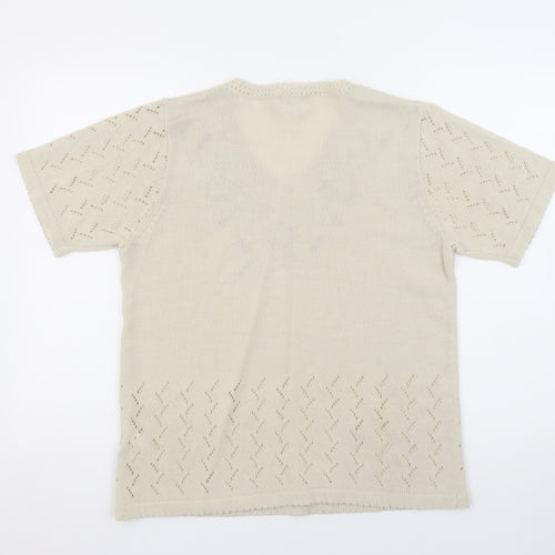 Damart Women’s Beige Short Sleeve V-Neck Embroidered Pullover Jumper Size 14