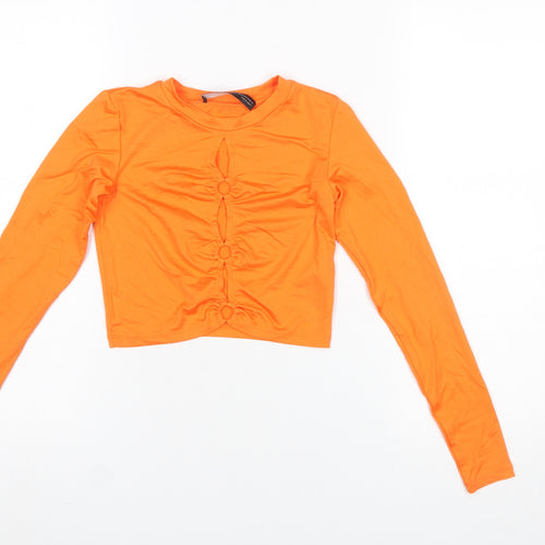 Bershka Women's Orange Cropped Long Sleeve Slim Fit T-Shirt XS