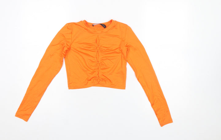 Bershka Women's Orange Cropped Long Sleeve Slim Fit T-Shirt XS