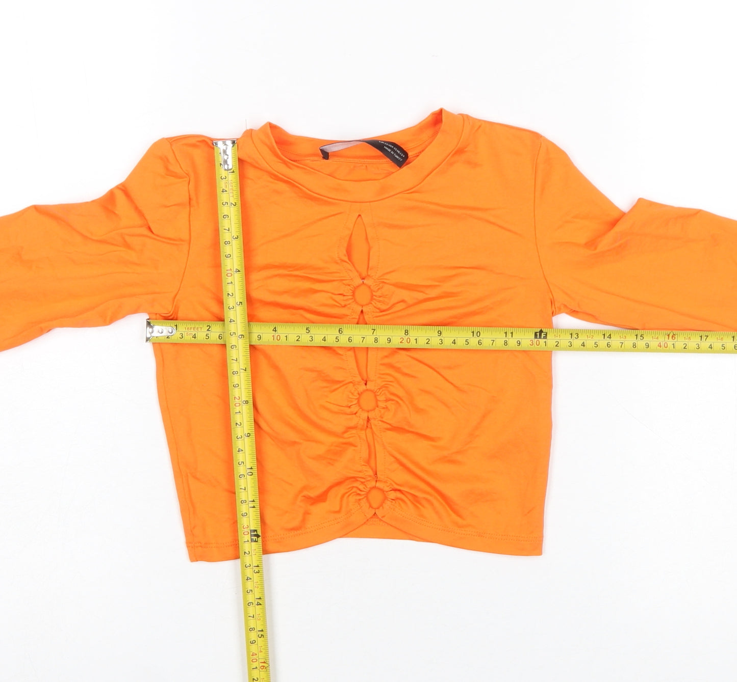 Bershka Women's Orange Cropped Long Sleeve Slim Fit T-Shirt XS