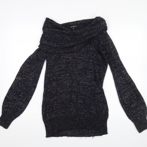 Warehouse Women's Blue Metallic Cowl Neck Jumper Size 12