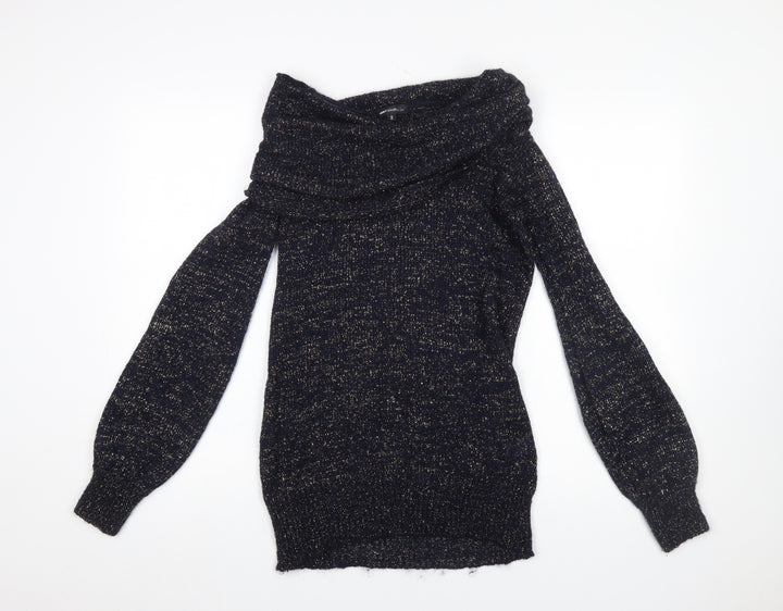 Warehouse Women's Blue Metallic Cowl Neck Jumper Size 12