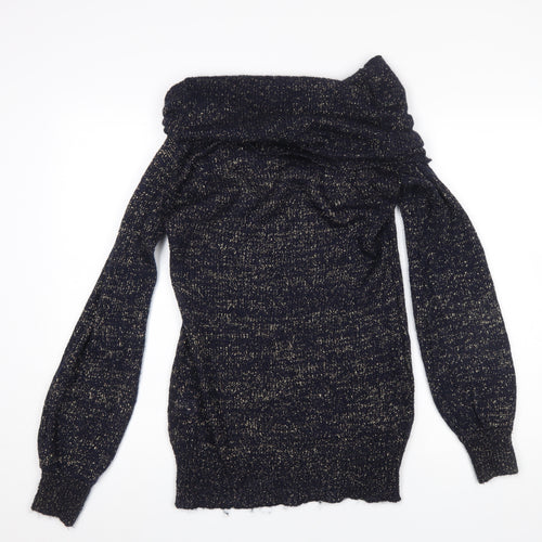 Warehouse Women's Blue Metallic Cowl Neck Jumper Size 12