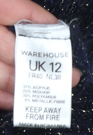 Warehouse Women's Blue Metallic Cowl Neck Jumper Size 12