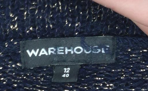 Warehouse Women's Blue Metallic Cowl Neck Jumper Size 12